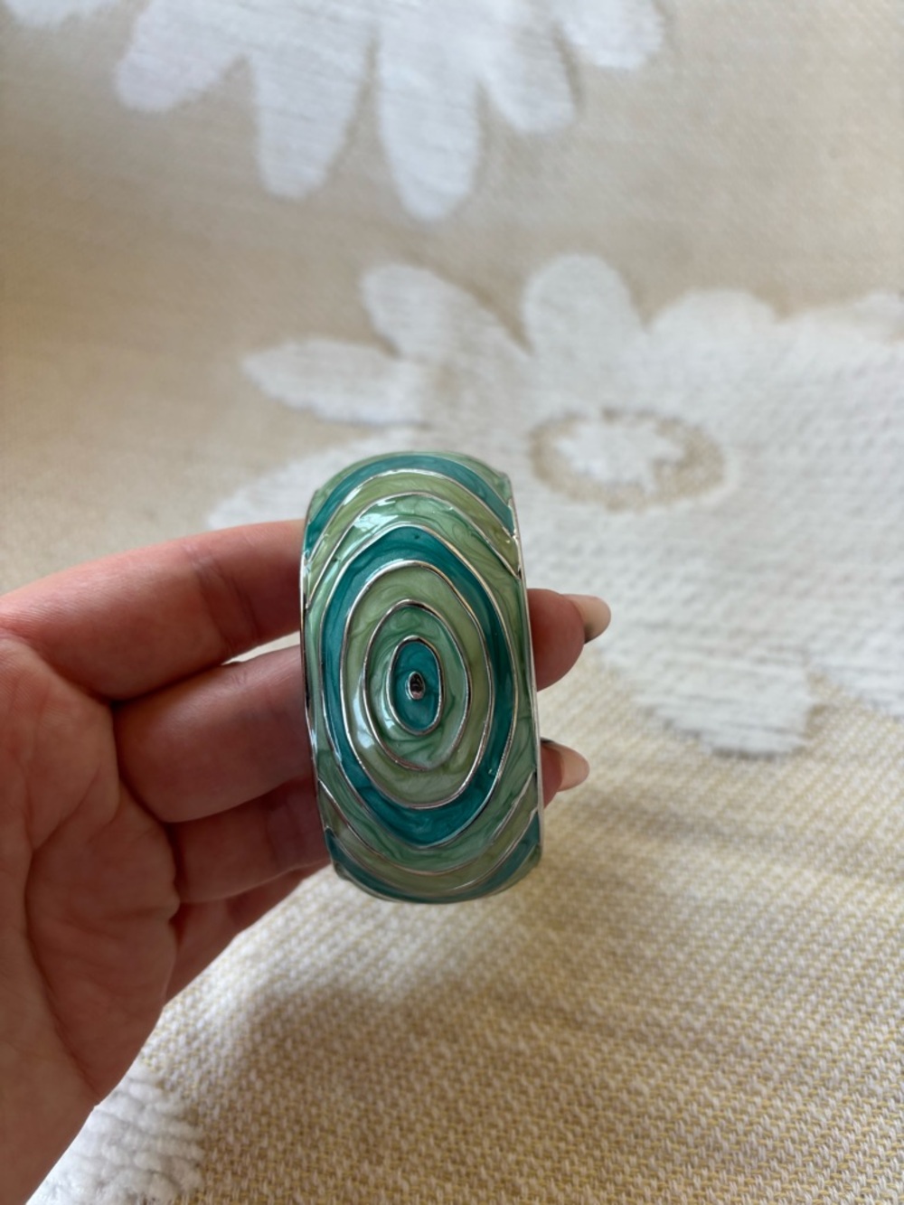 Silver-Tone Green Swirl Enamel Hinged Bracelet